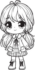 Cute little girl lineart coloring book illustration