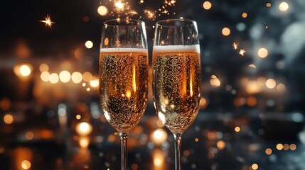 Celebrate with two elegant champagne flutes sparkling against a festive background, perfect for New Year or special occasions.