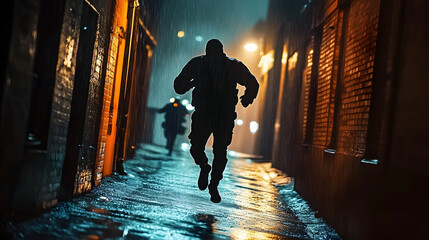 A thief sprints down a dimly lit urban alley while police pursue, with rain-soaked pavement glowing under streetlights, creating a dramatic nighttime atmosphere