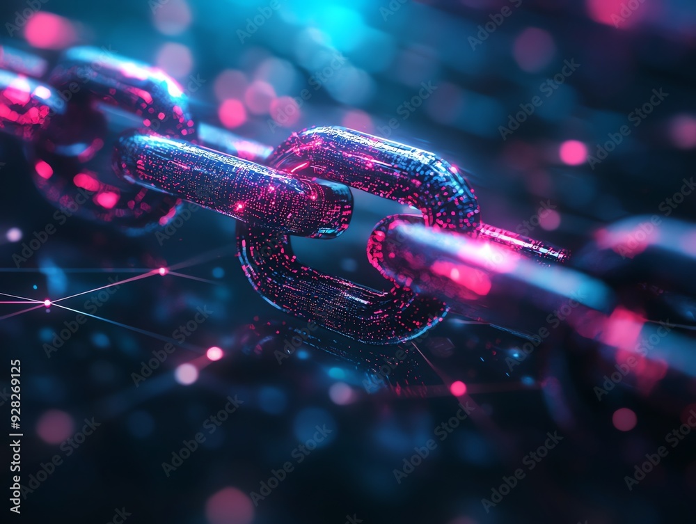 Poster futuristic digital chain link with neon glow.