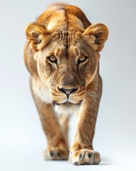 Obraz premium Lioness walking with focused gaze, showing strength and grace in a studio-like setting.