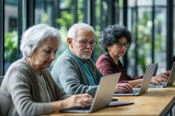 Group of elderly individuals in a technology workshop, learning to send emails and browse the internet on laptops