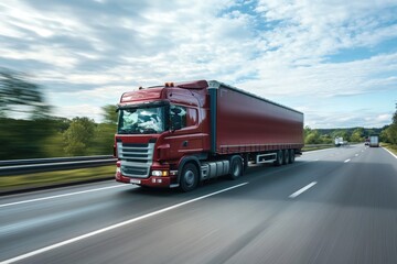 A transport truck racing down a dual carriageway, with motion blur enhancing the feeling of speed and efficiency in logistics operations