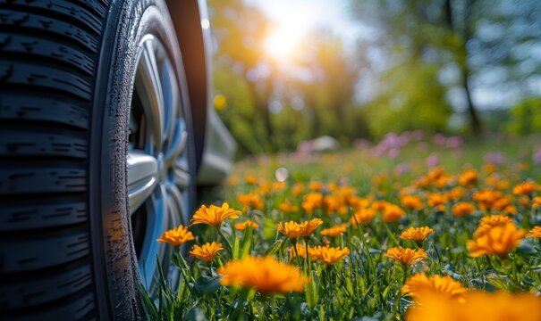 summer tires in the blooming spring in the sun - time for summer tires, Generative AI