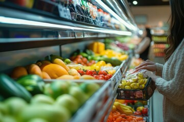 Fresh fruits and vegetables neatly displayed on supermarket shelves, slightly blurred, as a woman carefully selects her purchases