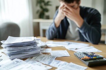 A stressed individual sitting at a table with a stack of debt notices, bills, and a calculator, symbolizing the emotional toll of managing overwhelming debt