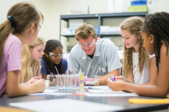 Students gathered around a table receiving hands-on instruction from a teacher in a laboratory setting, emphasizing the importance of personalized attention and collaborative learning