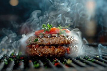 Close-up of a burger with steam and flames, showcasing the freshness and heat of the grilling process