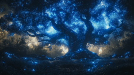 Fototapeta premium A tree with blue leaves and blue branches. The sky is filled with stars and the tree is lit up with blue lights