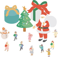 アイソメトリック　クリスマス　サンタクロース　プレゼント　人物　キッズ　イラスト素材セット