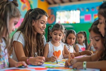 Fototapeta premium A group of young girls are painting on a table with a woman supervising them
