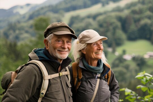 Happy elderly couple enjoying a scenic hike, their smiles and relaxed postures showing the joy of active retirement
