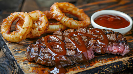 Grilled Steak with Onion Rings and BBQ Sauce - Food Photography