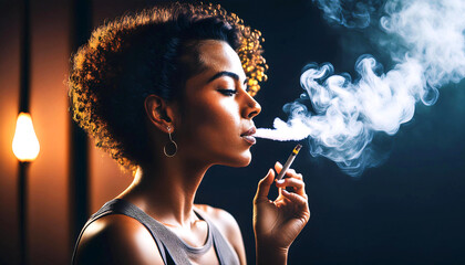 Obraz premium Stylish Woman Exhaling Smoke in Dramatic Lighting