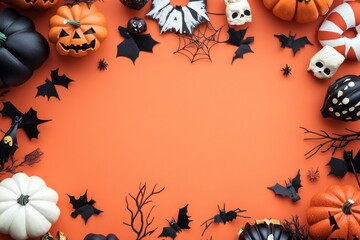 Flat lay of Halloween decorations on an orange background with a central space for copy, perfect for greeting card mockups or party invitations