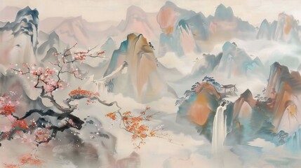 chinoiseries style painting of panorama mountain scene, illustration. blue and pink tone	