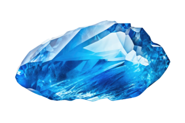 A Crystalline Blue Gemstone Glowing Against A White Background on a White or Clear Surface PNG Transparent Background.