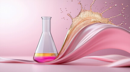 A vibrant laboratory flask filled with colorful liquids, splashing against a soft pink backdrop, showcasing scientific beauty.