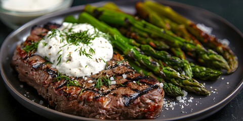 Grilled Steak with Asparagus and Creamy Sauce - Photo