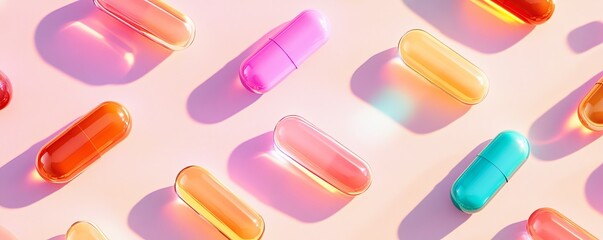Colorful pharmaceutical capsules arranged in a diagonal pattern