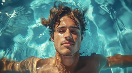 Man floating on his back in a swimming pool outdoors top view, created with Generative AI technology