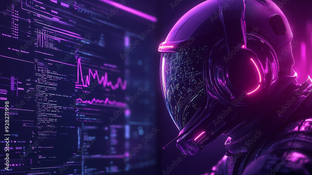 Poster futuristic hacker in neon glow.