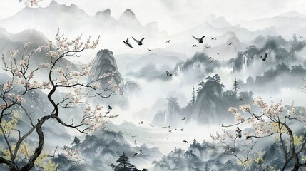 chinoiseries style painting of panorama mountain scene, illustration	