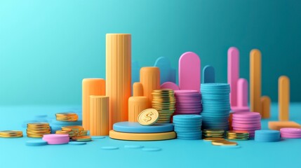Colorful 3D illustration of modern cash stack with coins and vibrant shapes representing financial growth and investment.