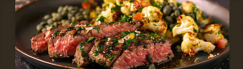 Grilled Steak with Roasted Cauliflower and Capers - Food Photography