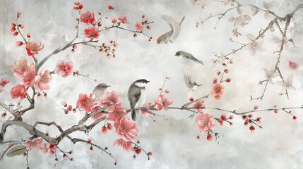 birds on a branch painting in chinoiseries style	