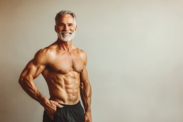 Fototapeta premium A strong senior man with a toned physique, smiling and standing proudly against a plain background, highlighting his muscular build
