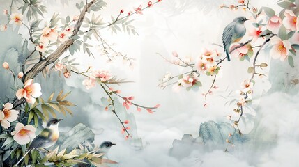 birds on a branch painting in chinoiseries style	
