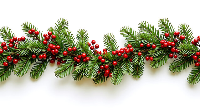 Christmas garland, with green twigs red decorations in a wave garland isolated on white. Top view.