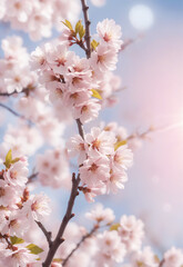 Fototapeta premium Sakura. Branches with pink flowers on a plain background for publications.