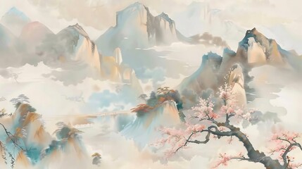 Fototapeta premium chinoiseries style painting of panorama mountain scene, illustration 