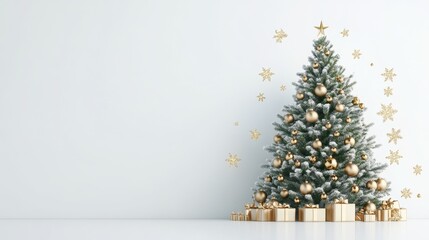 Bright and festive 3D Christmas tree illustration with gold ornaments and snowflakes on white background for holiday designs