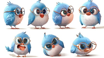Fototapeta premium A collection of cute blue birds wearing glasses, showcasing various expressions.