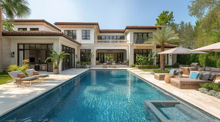 Fototapeta premium Outdoor swimming pool with sun loungers in front of the villa, created with Generative AI technology