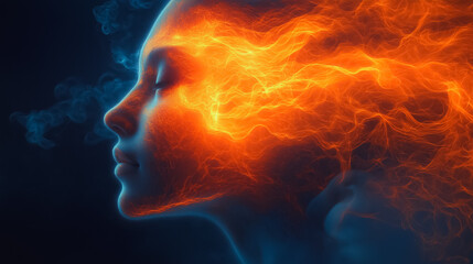 A woman's face is shown with a fiery orange flame surrounding it. Concept of energy and passion, as if the woman is a powerful force of nature. The blue background adds a sense of depth