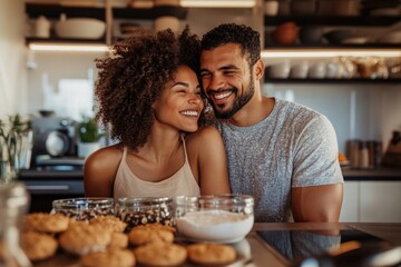 A couple smiling at each other while baking cookies in a modern kitchen, enjoying the sweet experience of creating homemade treats together