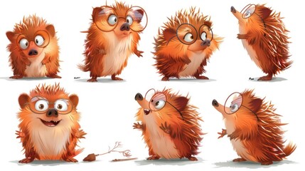 Fototapeta premium A collection of cute, expressive hedgehogs with glasses in various poses.
