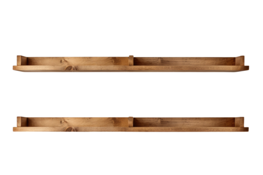 Two Rustic Wooden Shelves Ready For Display on a White or Clear Surface PNG Transparent Background.