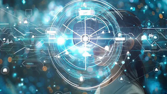 Woman using augmented reality glasses with digital interface overlay against a bokeh background, blending technology and human presence.