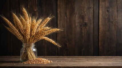 Wheat bouquet displayed on a wooden table creating a rustic harvest themed copy space image.