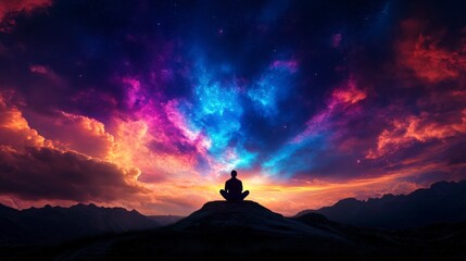 Fototapeta premium A serene silhouette of a person meditating against a vibrant, colorful sunset, symbolizing peace and tranquility.