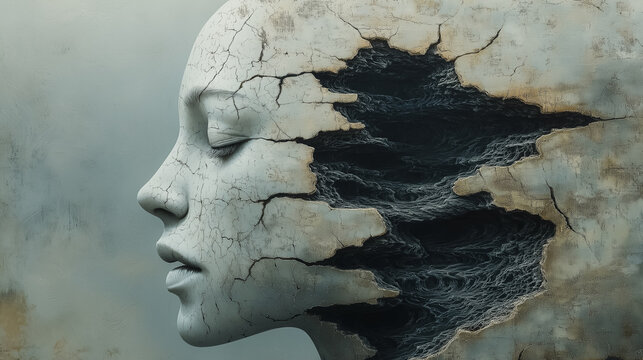 A woman's face is shown with a cracked and broken appearance. The image has a mood of sadness and despair, as if the woman is struggling to hold on to her identity