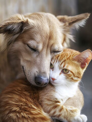 A cat and a dog are hugging each other