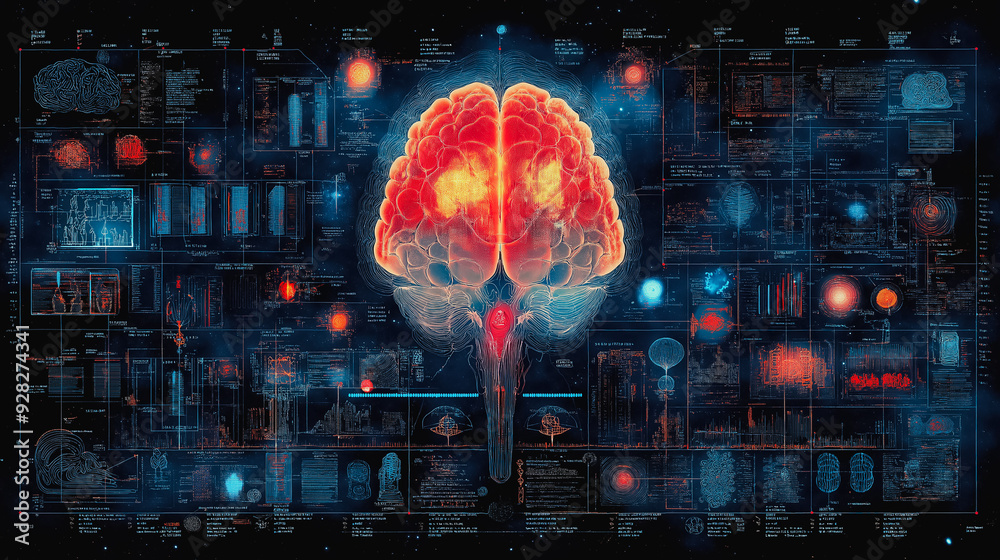 Poster a brain is shown in a computer monitor with many other images of brains. the brain is red and surrou