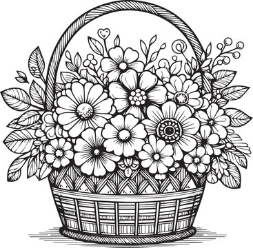 recommend clip art: A flower basket line art coloring book illustration