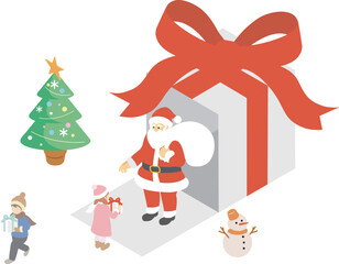 アイソメトリック　クリスマス　サンタクロース　プレゼント　人物　キッズ　イラスト素材セット